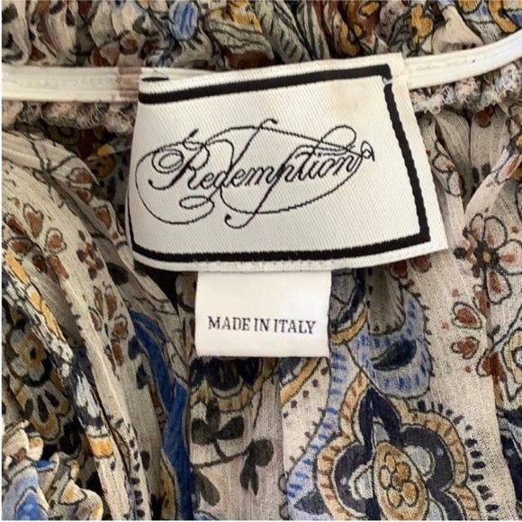Redemption Silk Chiffon White Blue Beige Floral Print Paisley Smocked Blouse 8 - Picture 10 of 11
